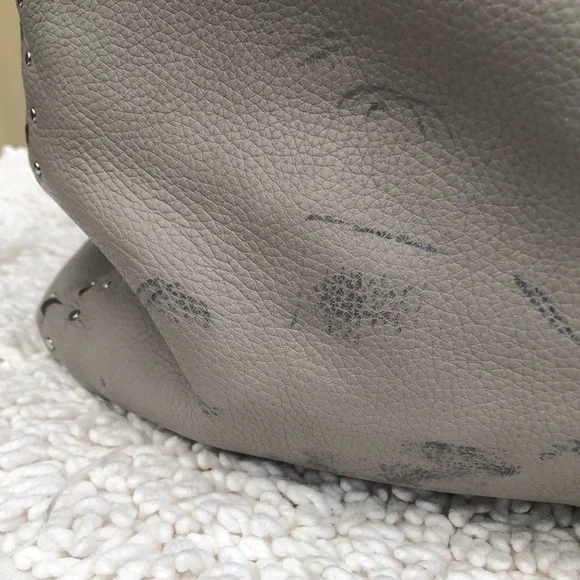 New HENRI BENDEL Gray Silver Studded Leather Puzzled Tote Bag w/ Makeup Case